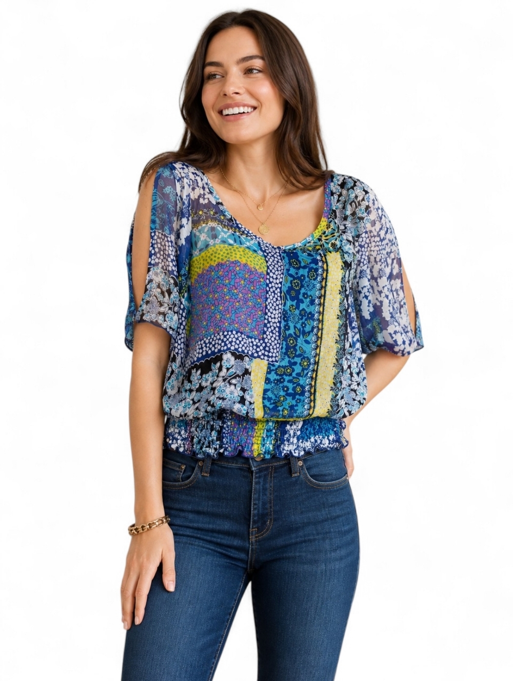 Vintage Patchwork Print Blouse Fairy Grunge Boho Smocked Y2K Terra Nostra Large